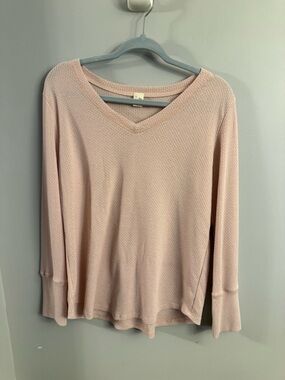 7th Ray Blush Pink Waffle Knit Top V Neck Long Sleeve Soft Casual Large